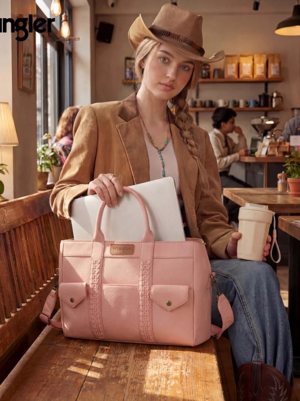 Wrangler Whipstitch Work Tote Bag/Crossbody Dark Pink